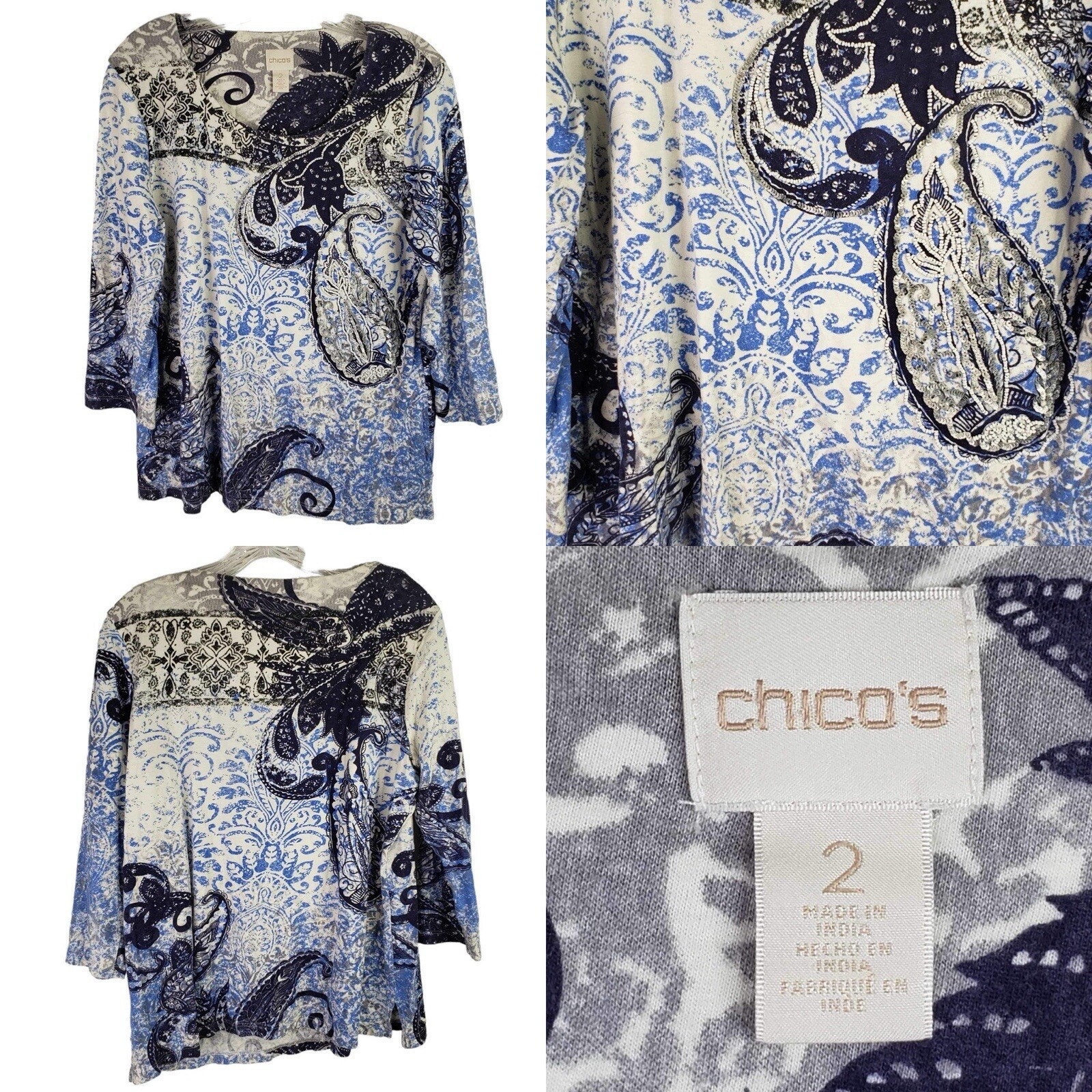 Chicos Shirt Women’s Blue White Top Size 2 Us Large Paisley Cotton Coastal